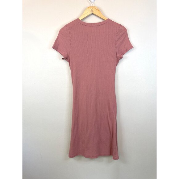 Altar'd State Ribbed Short-Sleeve Pink Midi Dress With Ruched Side Detail Size S - Picture 2 of 9